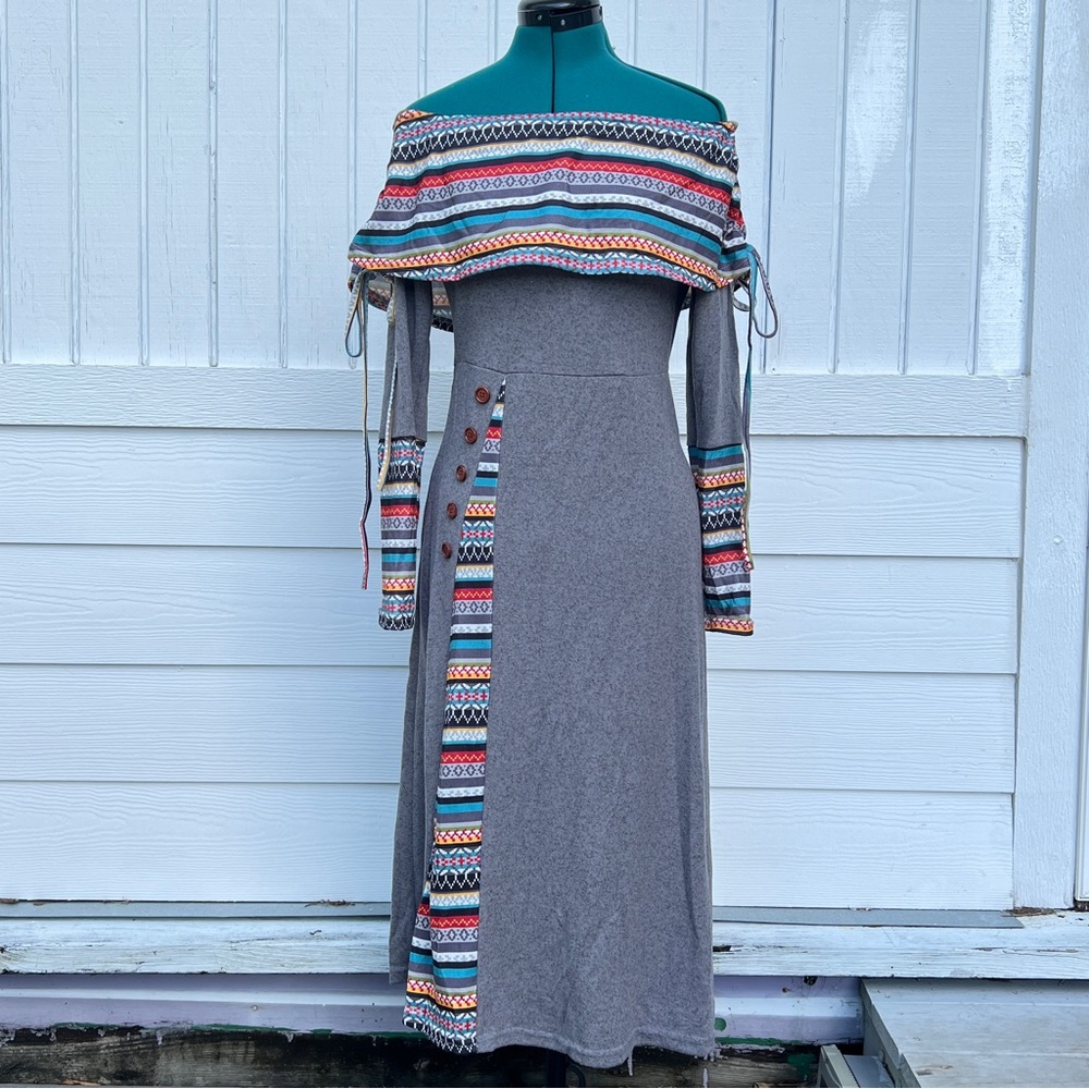 Amazon: Gray Off-Shoulder Dress with Multicolor Accents. Size Medium.